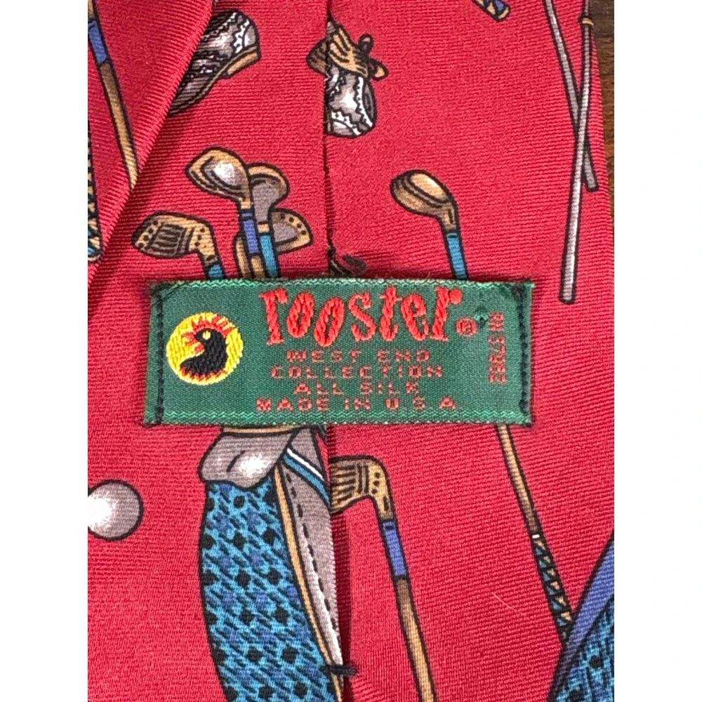 Rooster West End Collection Mens Red Silk Golf Motif Necktie Made in USA Classic